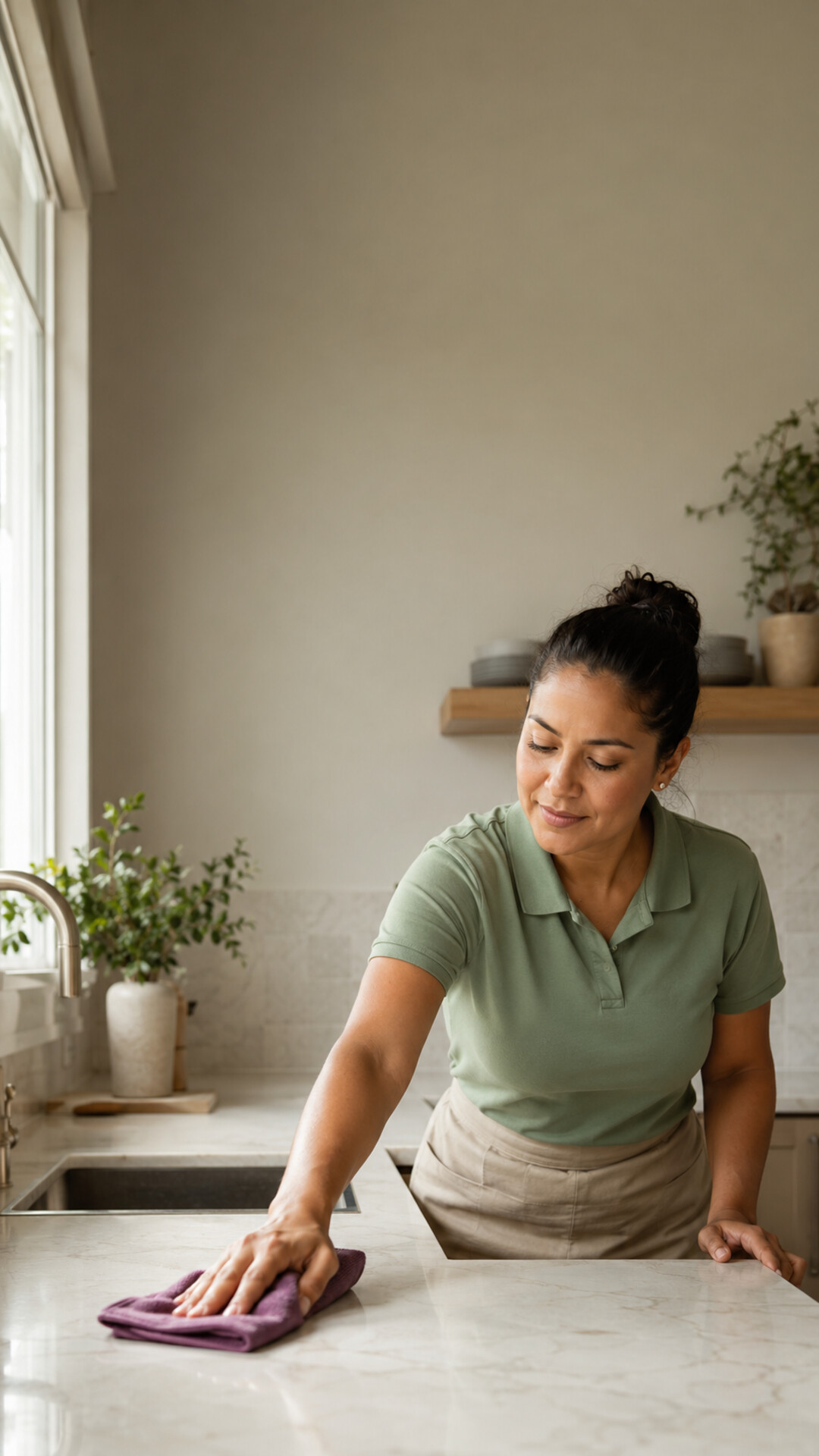 Maibely Cleaning Service professional wiping a kitchen countertop